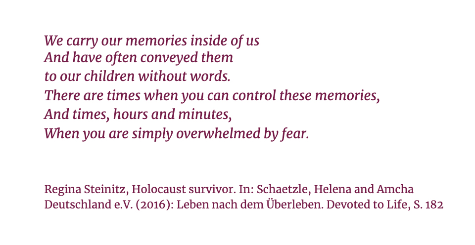 Quoted from the book “Devoted to Life” about the lives of Holocaust survivors and their families in Israel, book by Helena Schätzle und Amcha Deutschland e.V.