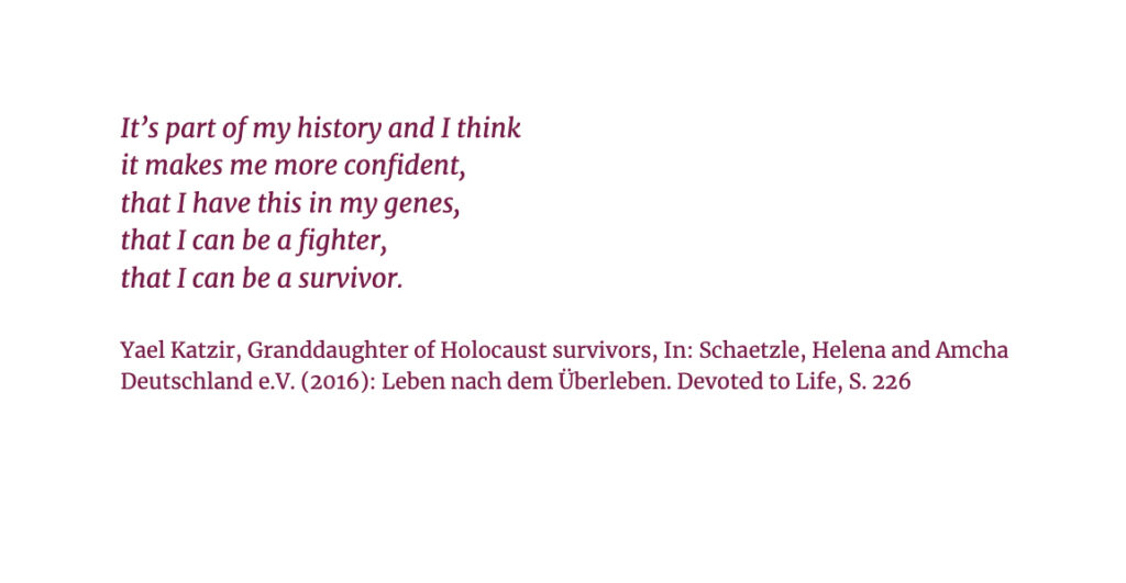 Quoted from the book “Devoted to Life” about the lives of Holocaust survivors and their families in Israel, book by Helena Schätzle und Amcha Deutschland e.V.