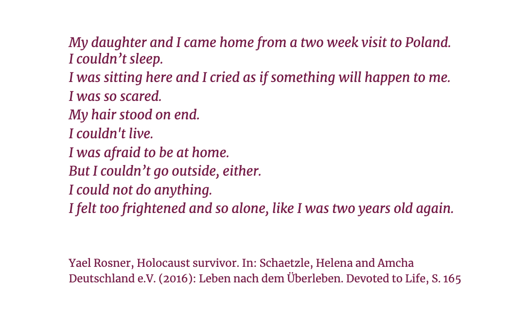 Quoted from the book Devoted to Life about the lives of Holocaust survivors and their families in Israel, book by Helena Schätzle und Amcha Deutschland e.V.