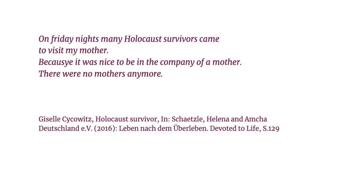 Quoted from the book “Devoted to Life” about the lives of Holocaust survivors and their families in Israel, book by Helena Schätzle und Amcha Deutschland e.V.
